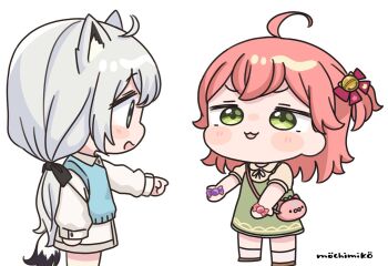 2girls :d ahoge animal_ear_fluff animal_ears bag bell black_bow black_ribbon blush_stickers bow brown_shirt candy_wrapper chibi collared_shirt commentary_request dress food fox_ears fox_girl fox_tail green_dress green_eyes grey_hair hair_bell hair_bow hair_ornament holding holding_food hololive jingle_bell long_sleeves low_ponytail mochimiko multiple_girls neck_ribbon one_side_up open_mouth pink_hair ponytail puffy_long_sleeves puffy_short_sleeves puffy_sleeves purple_bow ribbon sakura_miko shirakami_fubuki shirt short_sleeves shoulder_bag signature simple_background skirt sleeveless sleeveless_dress smile socks standing sweater_vest tail virtual_youtuber white_background white_shirt white_skirt white_socks