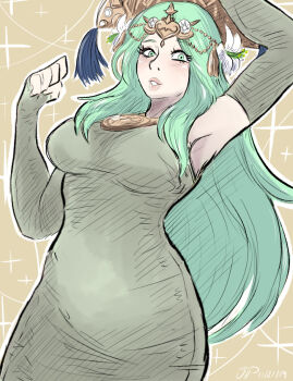 1girl 2019 absurdres alternate_costume arm_up armpits blush breasts brown_background clenched_hand collarbone commentary dated dress elbow_gloves english_commentary female_focus fingerless_gloves fire_emblem fire_emblem:_three_houses flower gloves green_eyes grey_dress hair_flower hair_ornament hair_over_shoulder hairdressing highres intelligent_systems jewelry large_breasts lips long_hair looking_at_viewer necklace nintendo outline rhea_(fire_emblem) sidelocks simple_background solo thick_lips tiara very_long_hair videajames