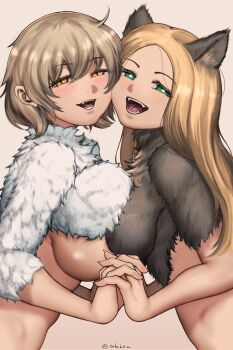 2girls absurdres alternate_ears animal_ears artist_name asymmetrical_docking blonde_hair blush body_fur breast_press breasts cat_ears cat_girl dungeon_meshi falin_touden fangs feathers female_focus green_eyes highres holding_hands huge_breasts interlocked_fingers light_brown_hair long_hair looking_at_viewer marcille_donato medium_breasts medium_hair monster_girl multiple_girls open_mouth simple_background takefu_jiin teeth tongue twitter_username yellow_eyes yuri