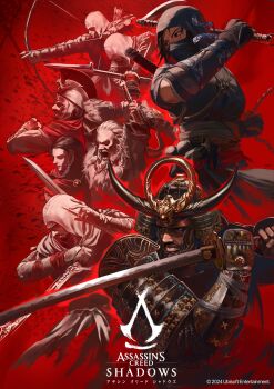 Rule 34 | 2girls, 6+boys, absurdres, alexios (assassin's creed), armor, assassin's creed: mirage, assassin's creed: odyssey, assassin's creed: shadows, assassin's creed: valhalla, assassin's creed (series), assassin's creed ii, assassin's creed iii, axe, basim ibn ishaq, bow (weapon), braid, braided beard, cloak, connor kenway, copyright name, dark-skinned male, dark skin, dual wielding, eivor varinsson, ezio auditore da firenze, facial hair, fake horns, fighting stance, helmet, highres, holding, hood, horned helmet, horns, in-franchise crossover, japanese armor, kassandra (assassin's creed), katana, kusarigama, mask, mouth mask, multiple boys, multiple girls, naoe, ninja, official art, open mouth, polearm, red background, samurai, second-party source, sickle, spear, sword, weapon, yasuke (assassin's creed), zonotaida