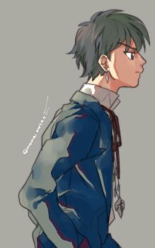 Rule 34 | 1boy, absurdres, grey background, grey eyes, grey hair, hand in pocket, highres, jacket, juumonji tsubasa, kyoukai no rinne, looking to the side, male focus, mame moyashi, short hair, simple background, solo, upper body