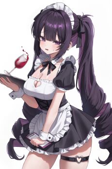 1girl absurdres alcohol apron black_dress black_ribbon blush breasts cleavage cleavage_cutout clipboard clothing_cutout clumsy collarbone commentary_request cup detached_collar double-parted_bangs dress drill_hair drinking_glass frilled_dress frilled_headwear frills furrowed_brow hair_intakes hair_ribbon hand_up heart heart_cutout heart_o-ring highres holding holding_clipboard holding_tray korean_commentary large_breasts long_hair looking_at_viewer maid maid_apron maid_headdress multicolored_hair naked_apron neck_ribbon o-ring open_mouth original puffy_short_sleeves puffy_sleeves purple_eyes purple_hair red_wine ribbon sakoronia short_sleeves sidelocks simple_background solo standing sweatdrop thigh_strap thighs tray twin_drills twintails two-tone_hair very_long_hair waist_apron white_apron white_background white_headdress white_wrist_cuffs wine wine_glass wrist_cuffs