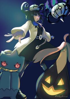1girl banette belt belt_buckle black_belt black_dress black_hair black_pantyhose black_shoes bob_cut buckle chandelure coat dress full_body gen_3_pokemon gen_5_pokemon gen_6_pokemon gloves gourgeist gwynn_(pokemon) hat highres long_sleeves looking_at_viewer mochinokifuyu nintendo o-ring o-ring_belt open_clothes open_coat pantyhose partially_fingerless_gloves pokemon pokemon_legends:_z-a purple_belt purple_eyes shoes short_hair simple_background smile standing twitter_username two-tone_belt