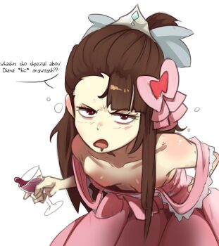1girl alcohol blush breasts brown_eyes brown_hair collarbone cup downblouse dress drunk english_text female_focus hair_ornament hair_ribbon hiccup highres holding holding_cup kagari_atsuko little_witch_academia long_hair looking_at_viewer matching_hair/eyes open_mouth pink_dress polyle ribbon simple_background small_breasts solo wine