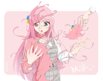 Rule 34 | 2girls, absurdres, anglediana, bang dream!, bang dream! it's mygo!!!!!, bocchi the rock!, breasts, chihaya anon, chinese commentary, color connection, commentary request, crossover, dress, fang, gotoh hitori, grey dress, grey eyes, hair color connection, highres, instrument connection, jacket, jewelry, long hair, long sleeves, medium breasts, melting, multiple girls, necklace, one side up, open mouth, pinafore dress, pink hair, pink jacket, plaid clothes, plaid dress, shirt, sleeveless, sleeveless dress, white shirt