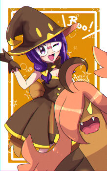 1girl alternate_costume alternate_hairstyle blunt_bangs boo_(mario) bow braid breasts brown_dress brown_gloves brown_hat cleavage cosplay dress fangs frilled_dress frilled_gloves frills gen_6_pokemon ghost glasses gloves gourgeist halloween halloween_costume hat highres jack-o&#039;-lantern medium_breasts medium_hair nintendo one_eye_closed open_mouth orange_bow pixiv_id pokemon pokemon_(creature) pokemon_bw pumpkaboo pumpkaboo_(cosplay) pumpkin purple_eyes purple_hair rimless_eyewear round_eyewear shauntal_(pokemon) sleeveless sleeveless_dress smile twin_braids v-shaped_eyes witch_hat yellow_eyes yellow_trim yukexima