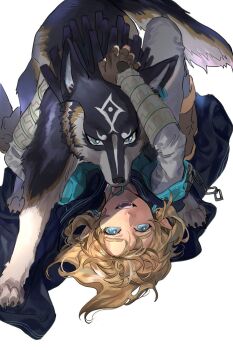 1boy animal_ear_piercing blue_eyes blue_tunic brown_gloves brown_hair cuffs dual_persona fingerless_gloves gloves gyou_chin highres link male_focus nintendo petting shackles simple_background the_legend_of_zelda the_legend_of_zelda:_breath_of_the_wild the_legend_of_zelda:_twilight_princess tunic white_background wolf_link