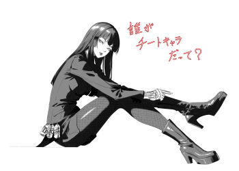 1girl absurdres black_hair black_pantyhose boots closed_mouth devil_summoner:_soul_hackers devil_summoner_(series) full_body greyscale high_heel_boots high_heels highres jacket lips long_hair long_sleeves looking_at_viewer macossa monochrome naomi_(soul_hackers) pantyhose shin_megami_tensei simple_background solo tattoo white_background