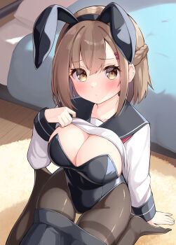 1girl animal_ear_hairband animal_ears arm_at_side arm_support bed black_hairband black_leotard black_sailor_collar blush braid breasts brown_eyes brown_hair brown_hiphighs childhood_friend_(ominaeshi) cleavage closed_mouth clothes_lift clothes_pull commentary_request fake_animal_ears from_above full_body hairband half_up_braid hand_up highres hiphighs indoors large_breasts leotard lifting_own_clothes long_sleeves looking_at_viewer looking_up medium_hair no_shoes ominaeshi_(takenoko) original rabbit_ear_hairband rabbit_ears raised_inner_eyebrows sailor_collar sailor_shirt school_uniform shirt shirt_lift sitting skirt skirt_pull solo strapless strapless_leotard wariza white_shirt