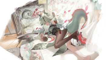 1girl absurdres alcohol black_hair black_pantyhose blush commentary_request commission cup dragon_tail dress falling_petals gourd grey_eyes grey_hair highres hiiragi_mikoto long_hair looking_at_viewer multicolored_hair one_eye_closed open_mouth original pantyhose petals sakazuki sake single_leg_pantyhose skeb_commission sleeveless sleeveless_dress solo streaked_hair tail tearing_up two-tone_hair white_dress yawning
