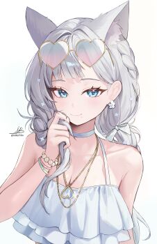 1girl animal_ear_fluff animal_ears blue_eyes borrowed_character bracelet braid breasts cleavage closed_mouth commentary_request eyewear_on_head gradient-tinted_eyewear grey_hair halterneck heart heart-shaped_eyewear highres holding holding_own_hair jewelry large_breasts long_hair looking_at_viewer mole mole_under_mouth nakar34ra necklace original revision signature simple_background smile solo tinted_eyewear twin_braids upper_body white_background