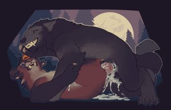 1boy 1girl ambiguous_gender anvil_position black_fur black_hair blue_eyes blue_sclera brown_fur charr_(guild_wars) claws colored_sclera cum cum_in_pussy cum_on_self excessive_cum fangs fluffy forehead_jewel from_side furry furry_female furry_male glowing_gem grey_fur guild_wars_(series) gushing happy happy_sex highres horns interspecies legs_up looking_at_viewer looking_up lying moon on_back outdoors penis plant sex sharp_teeth snowskau tail teeth testicles toe_claws tree vaginal warcraft werewolf whiskers wolf worgen world_of_warcraft yellow_eyes