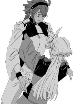 2girls absurdres after_kiss asticassia_school_uniform blush ear_blush greyscale gundam gundam_suisei_no_majo hairband hands_on_another&#039;s_shoulders highres long_hair long_sleeves miorine_rembran monochrome multiple_girls open_mouth ponytail saliva saliva_trail school_uniform shorts snapagi suletta_mercury thick_eyebrows yuri