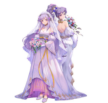 2girls absurdres bouquet bridal_veil circlet dress fire_emblem fire_emblem:_genealogy_of_the_holy_war fire_emblem_heroes flower gloves hair_flower hair_ornament highres holding holding_bouquet ishtar_(bride)_(fire_emblem) ishtar_(fire_emblem) julia_(bride)_(fire_emblem) julia_(fire_emblem) long_hair lonvanelk multiple_girls nintendo ponytail purple_eyes purple_hair veil wedding_dress white_gloves