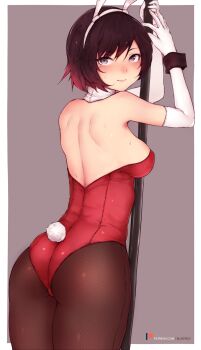 1girl animal_ears ass back backless_outfit bare_shoulders black_hair bluefield blush breasts elbow_gloves embarrassed fake_animal_ears female_focus from_behind gloves gradient_hair highres looking_back medium_breasts multicolored_hair pantyhose playboy_bunny pole pole_dancing rabbit_ears rabbit_tail red_hair ruby_rose rwby shiny_skin short_hair sideboob silver_hair solo stripper stripper_pole sweat tail