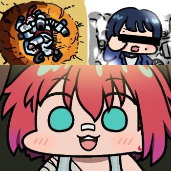 2girls amate_yuzuriha aqua_eyes bandaged_arm bandages bandaid bandaid_on_face bar_censor black_hair blush censored chibi commentary defeat dragon_ball dragonball_z gquuuuuux gundam gundam_gquuuuuux hashtag-only_commentary jacket jazz_jack long_sleeves looking_at_viewer lowres lying mecha meme mobile_suit mother_and_daughter multiple_girls on_ground open_mouth parody red_hair robot scene_reference science_fiction shirt short_hair smile sweatdrop tamaki_yuzuriha v-fin wide_face yamcha_pose_(meme)