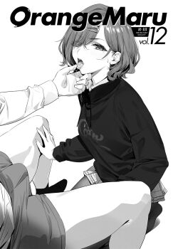1boy 1girl blouse bone bulge comiket_100 cover erection erection_under_clothes greyscale highres higuchi_madoka idolmaster idolmaster_shiny_colors kneeling knees monochrome open_mouth producer_(idolmaster) shirt tagme tongue tongue_out undressing yd_(orange_maru)