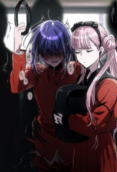 1boy 1girl bag black_bow black_hairband black_headband bow brother_and_sister chikan closed_eyes closed_mouth eyebrows eyelashes grabbing_another's_ass groping hair_between_eyes hairband hand_up headband highres holding holding_bag japanese_text kikinotmi matching_outfits molestation pink_hair purple_hair red_skirt siblings skirt the_hundred_line_-last_defense_academy- train_interior translation_request tsukumo_ima tsukumo_kako twins