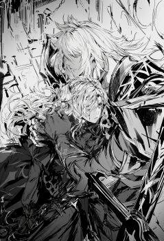 1boy 1girl absurdres armor blood blood_on_face closed_eyes dress fate/grand_order fate_(series) greyscale highres hug husband_and_wife kriemhild_(fate) long_hair long_sleeves monochrome rihuajiong siegfried_(fate) sword weapon