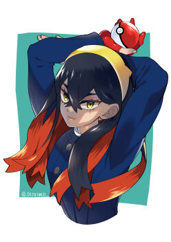 Rule 34 | 1girl, aqua background, artist name, black hair, blue jacket, border, carmine (pokemon), commentary, crossed bangs, gloves, hair between eyes, hairband, highres, holding, holding poke ball, jacket, long hair, long sleeves, looking at viewer, mole, mole under eye, multicolored hair, nintendo, octotaco, poke ball, pokemon, pokemon sv, red gloves, red hair, single glove, smile, solo, two-tone hair, upper body, white border, yellow eyes, yellow hairband