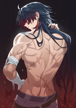 1boy absurdres ahoge bandaged_arm bandages belt black_hair blade_(honkai:_star_rail) blue_hair commentary earrings from_behind gradient_hair hair_over_eyes hand_on_own_hip highres honkai:_star_rail honkai_(series) jewelry long_hair multicolored_hair pants q_haoyu scar single_earring toned toned_male two-tone_background very_long_hair water_drop