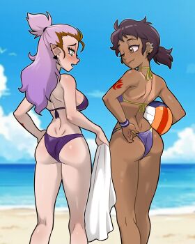 2girls absurdres aged_up amity_blight arm_tattoo ass beach bikini blush breasts brown_eyes brown_hair couple dark-skinned_female dark_skin earrings high_ponytail highres jewelry large_breasts long_hair luz_noceda medium_breasts multicolored_hair multiple_girls one_eye_closed pink_hair pointy_ears ponytail purple_bikini roots_(hair) scar scar_on_face short_hair swimsuit ta-na_(tana351) tan tanline tattoo the_owl_house towel volleyball wristband yellow_eyes yuri