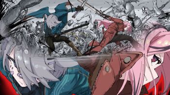 2girls bandaid bandaid_on_face boots coat cosplay dante_(devil_may_cry) dante_(devil_may_cry)_(cosplay) decapitation devil_may_cry_(series) grey_hair harutimu highres holding holding_sword holding_weapon hololive hololive_english katana koseki_bijou mori_calliope multiple_girls pink_hair red_eyes sword trench_coat vergil_(devil_may_cry) weapon