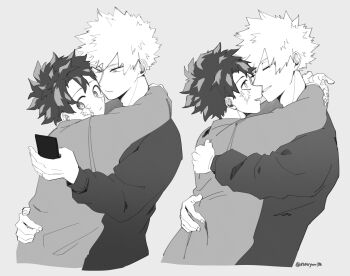 2boys arm_around_waist arms_around_neck bakugou_katsuki boku_no_hero_academia cellphone commentary_request facial_scar grey_background greyscale highres holding holding_phone hug korean_commentary long_sleeves looking_at_phone male_focus midoriya_izuku monochrome multiple_boys multiple_views navyou38 open_mouth parted_lips phone scar scar_on_cheek scar_on_face shirt short_hair simple_background smile spiked_hair twitter_username yaoi