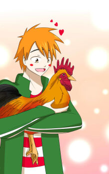 1boy animal bird blizzarddemon blush carrying cartoon_network chicken ed_(ed_edd_n_eddy) ed_edd_n_eddy green_jacket happy heart holding jacket male_focus open_mouth orange_hair shirt simple_background solo solo_focus striped_clothes striped_shirt unibrow
