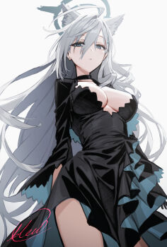 1girl ahoge animal_ear_fluff animal_ears black_choker black_dress blew_andwhite blue_archive blue_eyes breasts choker cleavage commentary_request cross_hair_ornament dress extra_ears grey_hair hair_between_eyes hair_ornament halo highres large_breasts long_hair long_sleeves looking_at_viewer mismatched_pupils shiroko_terror_(blue_archive) solo thighs white_background wide_sleeves wolf_ears wolf_girl