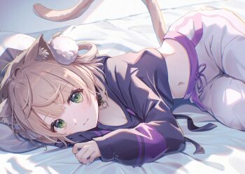 1girl blonde_hair cowboy_shot green_eyes hands_up head_on_pillow highres indie_virtual_youtuber indoors long_sleeves looking_at_viewer lying navel on_side pants pillow purple_shirt purple_sleeves shigure_ui_(vtuber) shirt short_hair sleeves_past_wrists smile solo stomach tai toki_(toki_ship8) white_pants