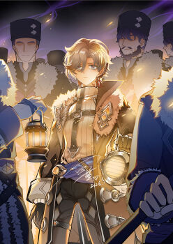 6+boys beard black_gloves black_pants blue_eyes book brown_hair chinese_commentary closed_eyes closed_mouth coat commentary_request danhuang_danjiang earrings faceless facial_hair fur_hat fur_trim genshin_impact gloves hat highres holding holding_book holding_lantern illuga_(genshin_impact) jacket jewelry lantern long_sleeves looking_at_viewer male_focus mole mole_under_eye multiple_boys pants shirt short_hair