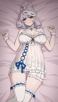 1girl absurdres alternate_costume aqua_eyes babydoll bed_sheet breasts bright_pupils closed_mouth collar commentary cosplay covered_navel cross-laced_clothes cross-laced_dress daydarion english_commentary fingernails frilled_babydoll frilled_collar frilled_shorts frilled_thighhighs frills fur_wrist_cuffs grey_hair hair_bun halterneck heart heart-shaped_pupils highres hololive hololive_english hololive_indonesia large_breasts looking_at_viewer lying on_back on_bed pavolia_reine see-through_babydoll see-through_clothes short_shorts shorts sleep_mask sleepwear smile solo symbol-shaped_pupils takanashi_kiara takanashi_kiara_(cosplay) takanashi_kiara_(cozy) thighhighs virtual_youtuber white_babydoll white_shorts white_thighhighs wrist_cuffs