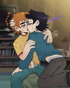 2boys black_eyes black_hair blue_pants blue_sweater blush bryan_lee_o&#039;malley_(style) closed_eyes commentary denim dork_nokia english_commentary erection french_kiss grey_pants hand_on_another&#039;s_head highres indoors jeans kiss kneeling long_sleeves looking_at_another male_focus multiple_boys open_fly orange_hair pants penis scott_pilgrim scott_pilgrim_(series) shirt short_hair short_sleeves sitting sweater t-shirt wallace_wells yaoi yellow_shirt