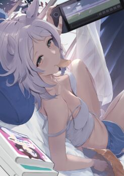 1girl animal_ears bag_of_chips bare_shoulders blue_shorts book book_stack breasts brown_eyes brown_hair chips_(food) closed_mouth collarbone commentary_request curtains food food_in_mouth grey_hair handheld_game_console highres hishi_miracle_(umamusume) holding holding_handheld_game_console horse_ears horse_girl looking_at_viewer lying medium_breasts medium_hair midriff multicolored_hair navel nintendo_switch_2 on_back pillow puffy_short_sleeves puffy_sleeves purple_eyes purple_shirt rain_yadori school_uniform shirt short_hair short_sleeves shorts skirt special_week_(umamusume) tank_top tracen_school_uniform two-tone_hair umamusume white_hair white_skirt white_tank_top window