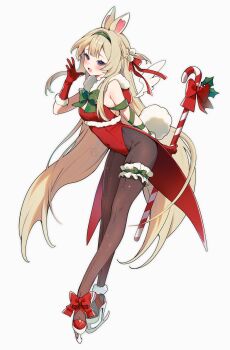 1girl absurdres animal_ears blonde_hair blue_eyes bow breasts candy candy_cane food gloves hairband highres ice_skates indie_virtual_youtuber legs leotard mistletoe pantyhose playboy_bunny rabbit_ears rabbit_girl rabbit_tail red_gloves red_leotard sideboob skates small_breasts tail virtual_youtuber white_background wings yenko_(vtuber) yenkoes