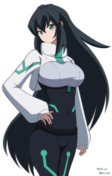 1girl artist_name black_bodysuit black_hair bodysuit breasts character_name commentary_request covered_navel green_eyes gundam gundam_build_divers gundam_build_divers_re:rise hand_on_own_hip highres kairi_(fotune) large_breasts long_hair looking_at_viewer may_(gundam_build_divers_re:rise) shrug_(clothing) solo very_long_hair white_background