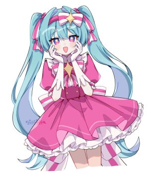 1girl :d artist_name back_bow blue_hair blush bow bow_hairband bowtie commentary cropped_legs double-parted_bangs dress english_commentary frilled_dress frilled_sleeves frills hair_between_eyes hair_intakes hair_ribbon hairband hands_up hatsune_miku highres ima_sugu_rinne_(vocaloid) long_hair looking_at_viewer magical_girl open_mouth pink_bow pink_bowtie pink_dress pink_eyes pink_hairband pink_ribbon ribbon short_sleeves simple_background smile solo star-shaped_pupils star_(symbol) striped_bow striped_bowtie striped_clothes striped_ribbon symbol-shaped_pupils twintails vocaloid white-gloves white_background white_bow yukomeow