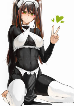 1girl absurdres black_bodysuit bodysuit breasts brown_hair closed_mouth covered_navel criss-cross_halter eyeliner fate/grand_order fate_(series) green_eyes hair_between_eyes halterneck hand_up heart highres kamisato_sora light_blush long_hair long_sleeves looking_at_viewer makeup qin_liangyu_(fate) red_eyeliner simple_background solo thighhighs tight_clothes twintails v v-shaped_eyebrows white_background white_thighhighs