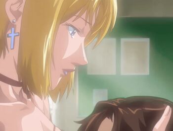 00s 1girl 2005 age_difference animated animated_gif anime_screenshot bare_shoulders bible_black bible_black_new_testament blonde_hair blue_eyes breasts brown_hair cross cross_earrings dress earrings hug jewelry kiss kitami_reika large_breasts lips lipstick makeup neck_strap older_female_and_younger_male purple_eyes red_dress school_uniform shin_bible_black short_hair skirt tagme tears witch yamanishi_naoto