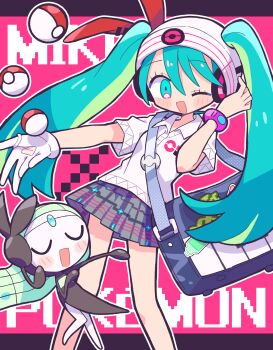 Rule 34 | 1girl, ;d, absurdres, aqua eyes, aqua hair, bag, character name, collared shirt, commentary request, copyright name, crossover, feet out of frame, gen 5 pokemon, gloves, grey skirt, hair through headwear, hand on headphones, hand up, hat, hatsune miku, headphones, highres, legendary pokemon, letterboxed, long hair, looking at viewer, meloetta, meloetta (aria), miniskirt, mythical pokemon, nintendo, no feet, one eye closed, open mouth, outline, outside border, pink background, pleated skirt, poke ball, poke ball (basic), pokemon, pokemon (creature), project voltage, psychic miku (project voltage), richard (richaball), shirt, short sleeves, shoulder bag, single glove, skirt, smile, standing, twintails, very long hair, vocaloid, white gloves, white hat, white outline, white shirt