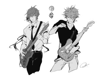Rule 34 | 004s 4, 2boys, alternate costume, contemporary, genshin impact, geo symbol (genshin impact), greyscale, guitar, hydro symbol (genshin impact), image sample, instrument, monochrome, multiple boys, pixiv, pixiv sample, tartaglia (genshin impact), white background, zhongli (genshin impact)