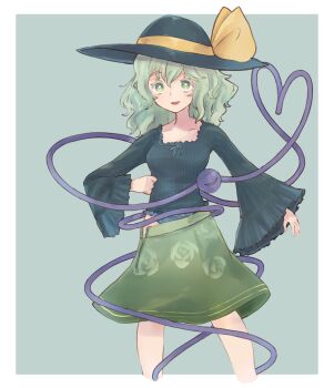 1girl black_hat black_panties black_shirt bow check_commentary collarbone commentary_request floral_print frilled_shirt frills green_eyes green_hair green_skirt hat hat_bow hat_ribbon highres karua_m komeiji_koishi looking_at_viewer medium_hair open_clothes open_shirt panties panty_peek partially_undressed print_skirt ribbon rose_print shirt skirt smile solo square_neckline third_eye touhou underwear undressing unzipped yellow_bow yellow_ribbon