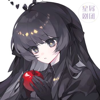 1girl animated animated_gif apple arknights black_eyes black_gloves black_hair black_necktie black_shirt chinese_commentary closed_mouth collared_shirt commentary_request food fruit gloves holding holding_food holding_fruit hoshikuzu-gekidann long_hair looking_at_food looking_at_viewer looking_down mole mole_under_eye necktie parted_lips shirt simple_background smile solo upper_body virtuosa_(arknights) virtuosa_(funeral)_(arknights) white_background yellow_pupils