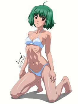 1girl ahoge anime_coloring artist_name bare_shoulders baron_(varon666) bikini breasts cleavage collarbone commentary_request green_hair hand_on_own_thigh head_tilt highres kneeling macross macross_frontier navel orange_hair ranka_lee shiny_skin short_hair signature simple_background skinny small_breasts stomach swimsuit toes toned white_background white_bikini