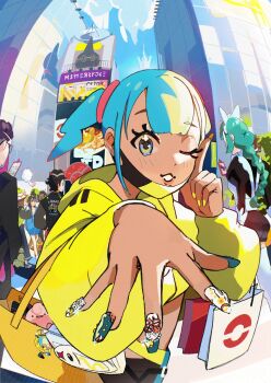 3boys 5girls apron aqua_hair bag bag_charm black_hair black_hat black_jacket black_mask black_pants black_romper blonde_hair blue_eyes blue_hoodie blue_sky bow braid braided_ponytail brown_hair building canari_(pokemon) character_charm character_doll charm_(object) chikorita corbeau_(pokemon) cube_hair_ornament dark-skinned_female dark-skinned_male dark_skin day doll dress eyewear_strap fingernails gen_1_pokemon gen_2_pokemon gen_4_pokemon gen_6_pokemon glasses green_hair green_jacket hair_ornament harmony_(pokemon) hat highres hood hoodie jacinthe_(pokemon) jacket juliet_sleeves lebanne_(pokemon) leggings lida_(pokemon) long_braid long_hair long_sleeves looking_at_viewer lumiose_city maid_apron maid_headdress mask mouth_mask multicolored_hair multiple_boys multiple_girls naveen_(pokemon) nintendo one_eye_closed open_clothes open_jacket open_mouth orange_leggings outdoors pants paxton_(pokemon) pokemon pokemon_(creature) pokemon_legends:_z-a prism_tower puffy_sleeves purple_dress purple_hair purple_shirt romper rotom rotom_phone shirt shopping_bag short_hair short_twintails shoulder_bag skrelp sky skyscraper smile split-color_hair staryu striped_hat sugahri swirlix thighhighs topknot tree twintails two-tone_hair two-tone_legwear two-tone_mask very_dark_skin white_bow white_hat white_leggings white_shirt white_thighhighs yellow_jacket yellow_mask