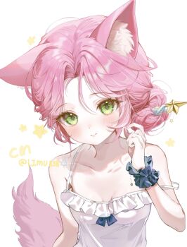 1girl animal_ear_fluff animal_ears bare_shoulders blush breasts closed_mouth commentary_request commission dress fox_ears fox_girl fox_tail green_eyes hand_up highres korean_commentary limu838 looking_at_viewer medium_breasts original parted_bangs pink_hair short_hair simple_background sleeveless sleeveless_dress smile solo spaghetti_strap star_(symbol) strap_slip tail twitter_username upper_body white_background wrist_cuffs