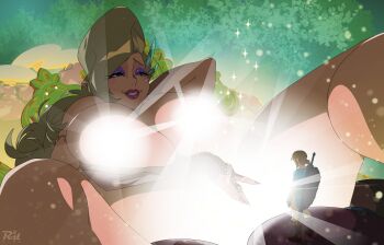 1boy 1girl artist_logo artist_name blonde_hair blue_tunic boots breasts brown_boots censored censored_nipples champion's_tunic_(zelda) clothed_male_nude_female commentary eyeshadow feet_out_of_frame female_masturbation forest full_body giant giantess great_fairy_(zelda) great_fairy_cotera grin highres huge_breasts legs_up light_censor link lipstick logo long_hair looking_at_another lying makeup masturbation nature nintendo nude on_back outdoors paid_reward_available pants parted_lips pink_lips purple_eyeshadow r3dfive shield shield_on_back smile solo_focus sparkle sparkling_aura spread_legs standing sword sword_on_back the_legend_of_zelda the_legend_of_zelda:_breath_of_the_wild tunic weapon weapon_on_back white_pants