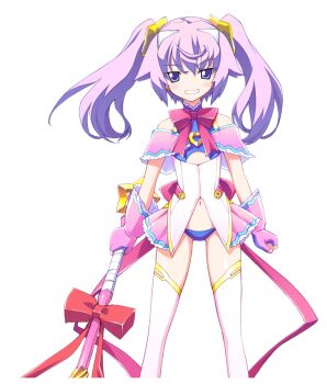 1girl back_ribbon bandeau bare_shoulders blue_bandeau blue_panties blush chaos;head chaos;head_love_chu_chu! chest_ribbon clothing_cutout cute_weapon earrings erin-fray_orgel fingerless_gloves flat_chest game_cg gloves gold_trim grin hair_ornament halterneck holding holding_weapon horns jewelry long_hair looking_at_viewer magical_girl matsuo_yukihiro narrowed_eyes navel off_shoulder official_art panties petite petticoat purple_eyes purple_hair red_ribbon ribbon science_adventure smile solo sprite star_(symbol) star_hair_ornament thighhighs thighs twintails underboob_cutout underwear weapon white_horns white_thighhighs zettai_ryouiki