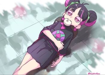 1girl azusa_(azunyan12) black_hair black_shirt black_skirt blunt_bangs bow bright_pupils chinese_clothes colored_inner_hair commentary_request double_bun dumpling earrings expressionless eyeshadow floor food food_in_mouth green_scrunchie hair_bun hair_ornament hair_scrunchie jewelry looking_up lying makeup miniskirt multicolored_hair nira-chan nira-chan_(obenkyou_shitoiteyo)_(zutomayo) obenkyou_shitoiteyo pink_bow pink_eyes pink_eyeshadow pink_hair pink_trim pleated_skirt scrunchie shirt short_hair skirt skirt_set streaked_hair twitter_username two-tone_hair white_pupils wide_sleeves zutto_mayonaka_de_ii_no_ni